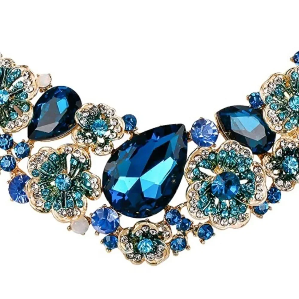 Yellow Gold & Sapphire Blue Austrian Crystal Camellia Necklace and Earrings Set